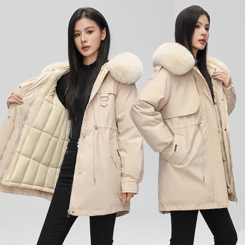 Autumn Winter Thicken Warm Detachable Parka Women Casual Fur Collar Solid Color Big Pocket Loose Hooded Coat Jackets Three-way Wear Outwear