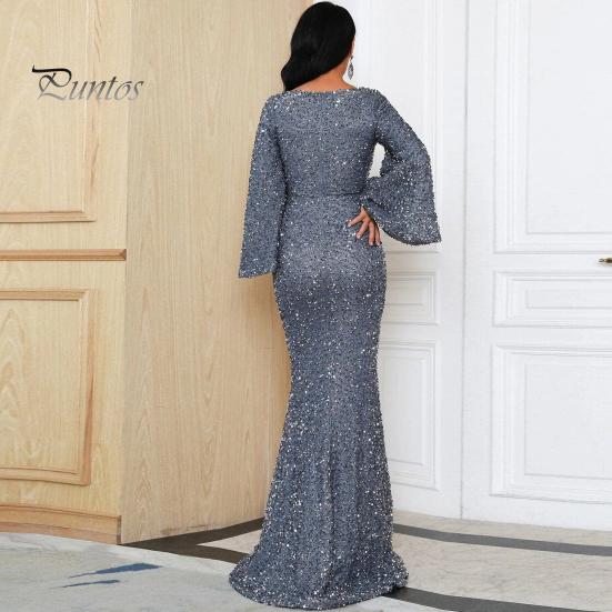 Женское вечернее платье с рукавами-колокольчиками, пайетками, А-силуэта, облегающего кроя, глубоким вырезом, V-образным вырезом, макси-платье со средней талией и застежкой-молнией сзади, выпускное платье