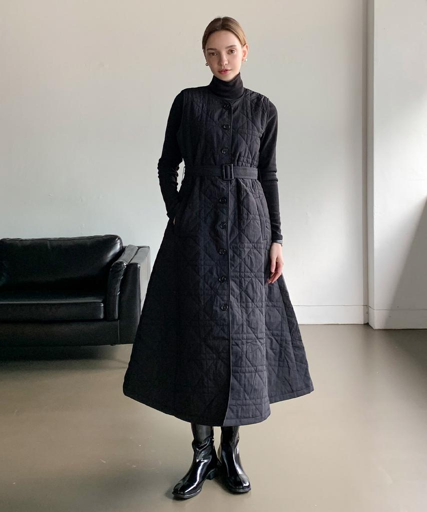Baseukala [Set] Double Quilted Belted One-Piece+Jacket Set-Up