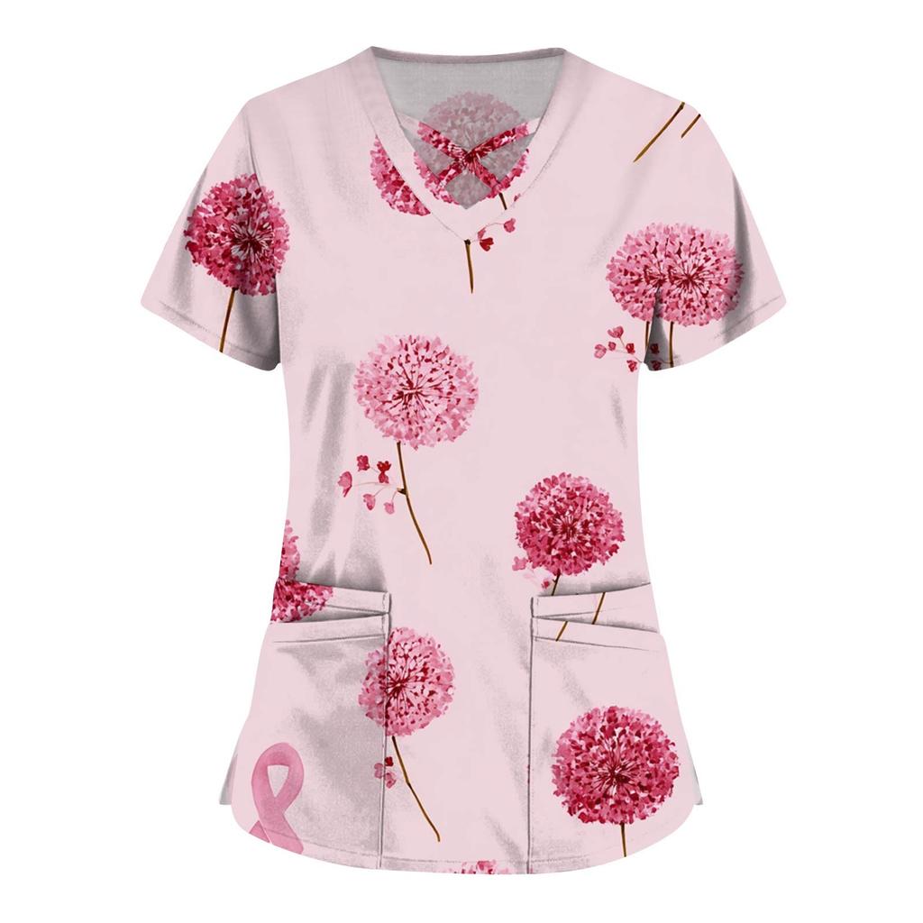 Women's Fashion V-Neck Short Sleeve Overalls Double Layer Pocket Printed Tops Apparel