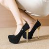 14CM Thin Heel Super High Heels Hate Sky High Round Head Single Shoes Nightclub Sexy Waterproof Table Fashion One Word Buckle Belt Women's Shoes