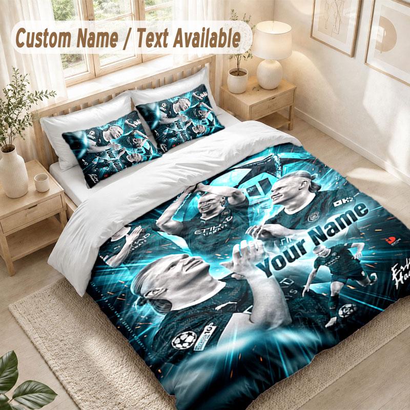 Постельное белье с индивидуальным именем, 3 предмета, с принтом Эрлинга Холанда, пододеяльник + 2 наволочки, мягкий декор для кровати