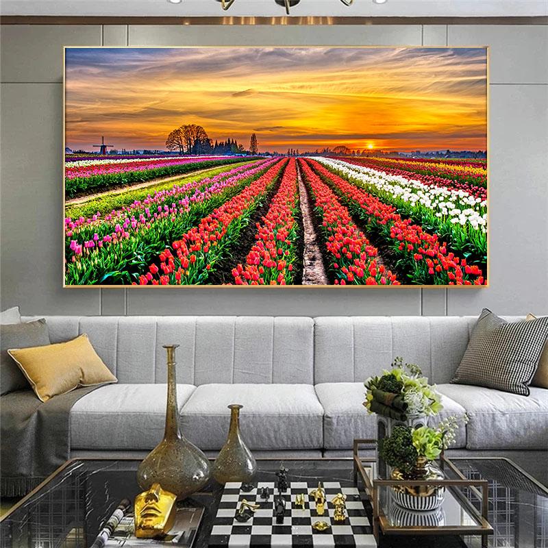 Винтажная холщовая картина Цветочное море Настенное искусство Картины для гостиной Лаванда Подсолнух Пейзаж Постеры Внутреннее украшение дома