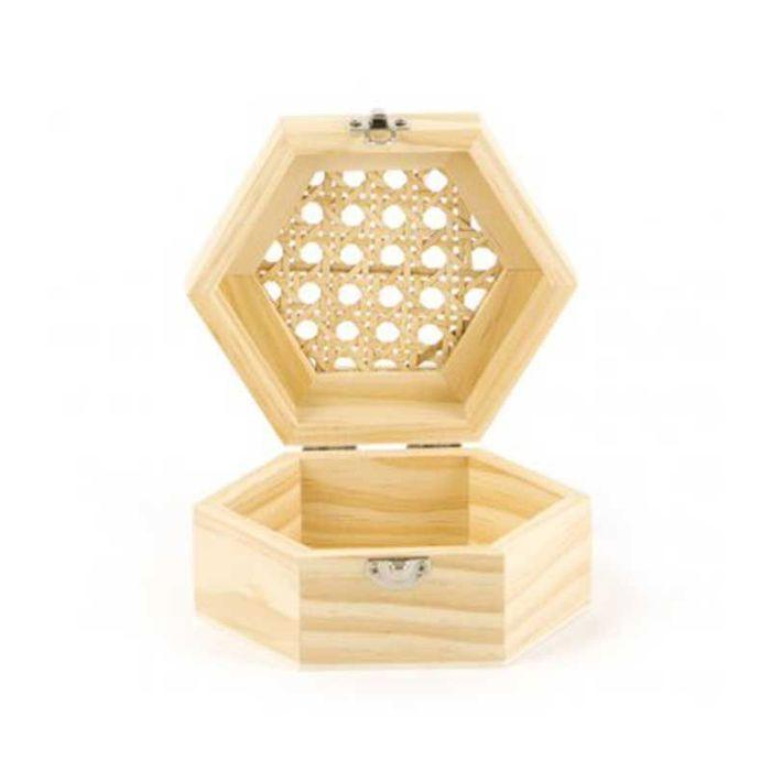 Hexagonal Wooden Box and Caned Lid 13 X 11 X 6 Cm