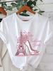 Chic Eiffel Tower& High Heels Graphic Tee for Women- Soft Polyester Blend Short Sleeve Crew Neck Casual with Floral Accents