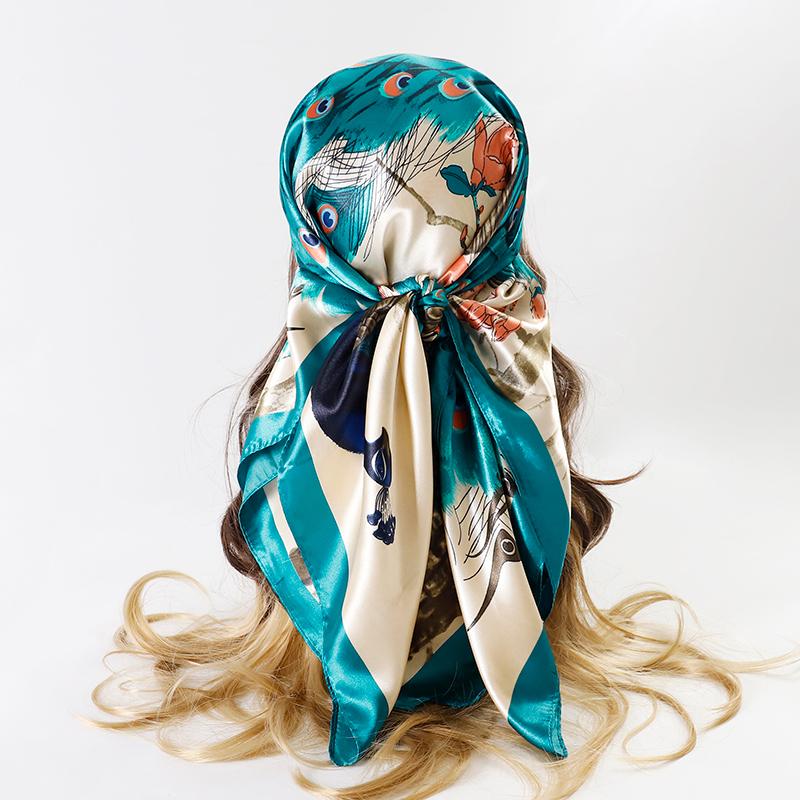 Satin Square Scarf Women Muslim Hijab Elegant Print Silk Neckerchief Shawl Wraps Headband Handle Hair Accessories Bandana