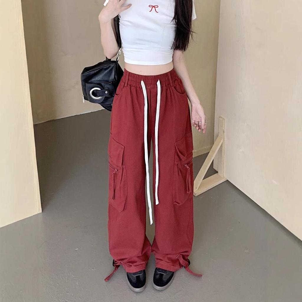 Trendy European & American Oversized Wine Red Cargo Pants - High-End Loose Wide-Leg Design