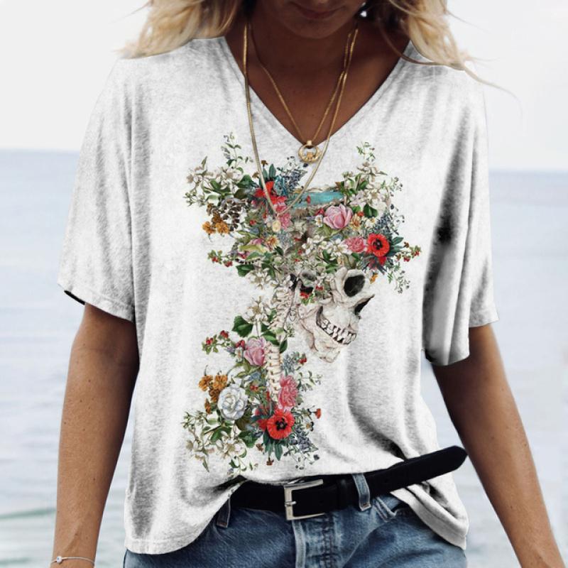Новинка 2022 года, женские футболки с принтом черепа, женские топы с короткими рукавами, пуловер с v-образным вырезом, уличная одежда, футболки большого размера, летняя одежда