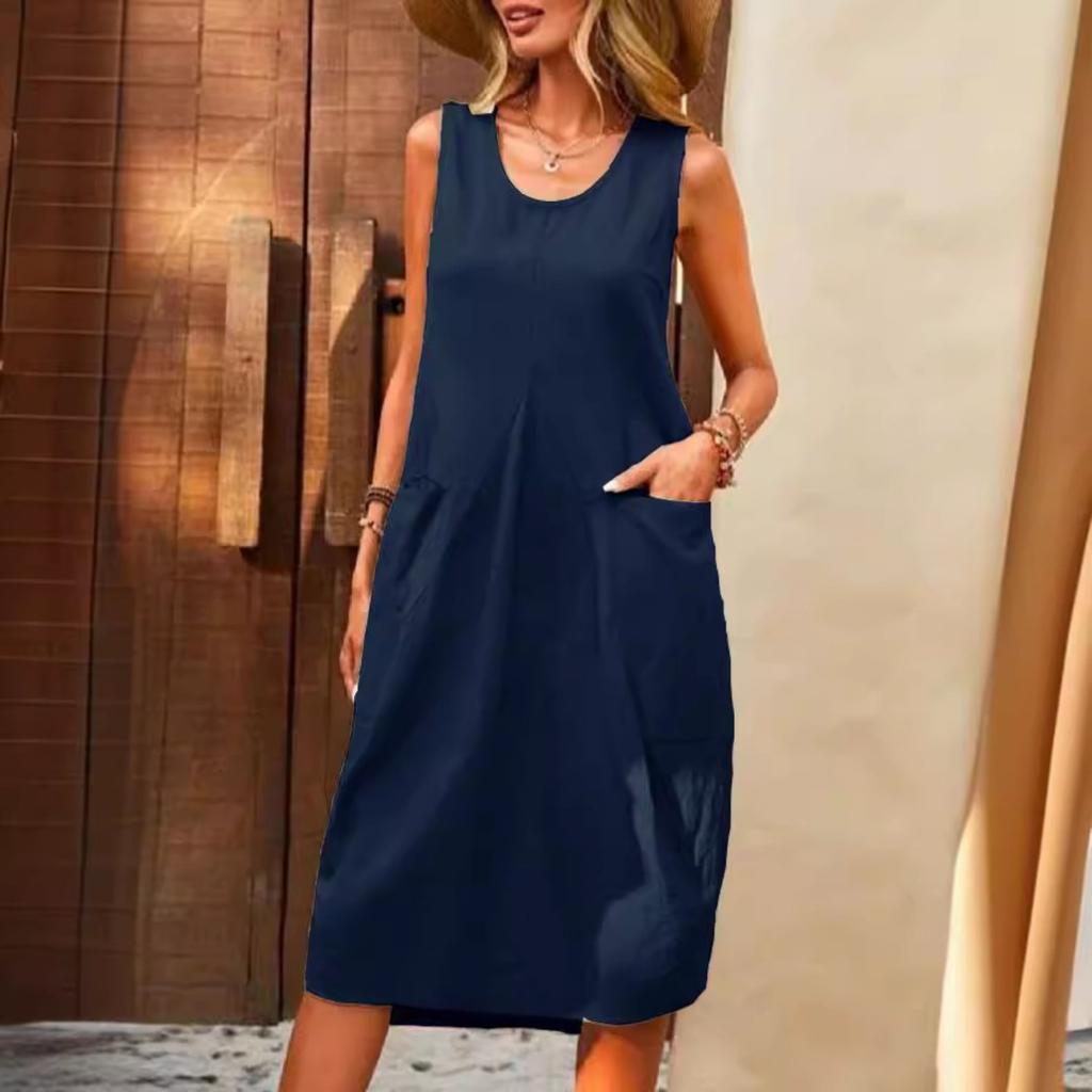 2025 Новое женское платье из хлопка и льна без рукавов, однотонное свободное платье с U-образным вырезом, повседневное