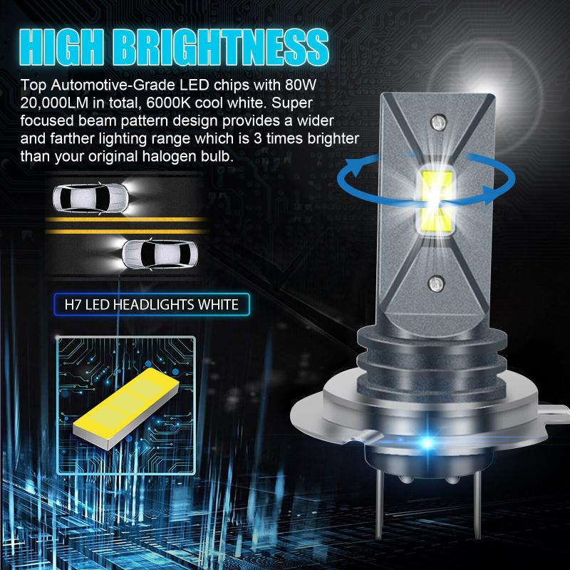 2pcs H7 Led Headlight Bulb Kit High Low Beam 160w 20000lm Super Bright 6000k White Car Headlamp