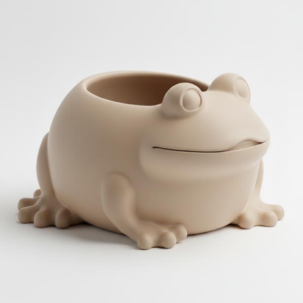 Beige decorative pot for plants in the shape of a frog, modern design