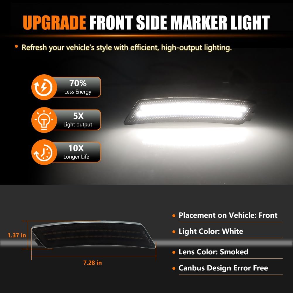 LED Front Side Marker Lights Assembly for Cadi-llac 2020 2021 2022 2023 2024 CT5 Front Bumper Marker Signal Lamps, Replace OEM Smoked Lens White LED