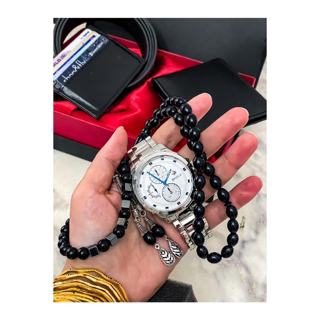 Men's Watch Card Holder Belt Wallet Prayer Beads Bracelet Suit Combination Set Gift For Lovers Engagement Special