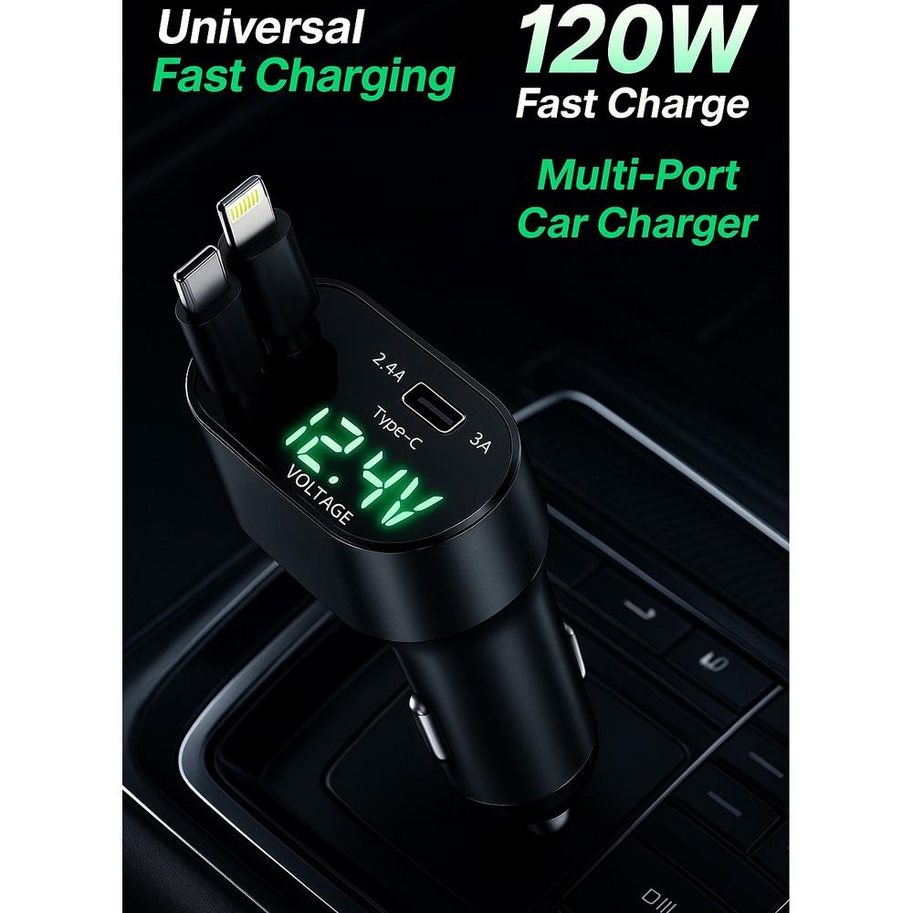Retractable Car Charger - 4-in-1 Fast Charger with Dual USB Ports & 2.6ft Cable Compatible with iPhone 15/14/13 Pro Max Galaxy S23/S24 – Compact & Mu