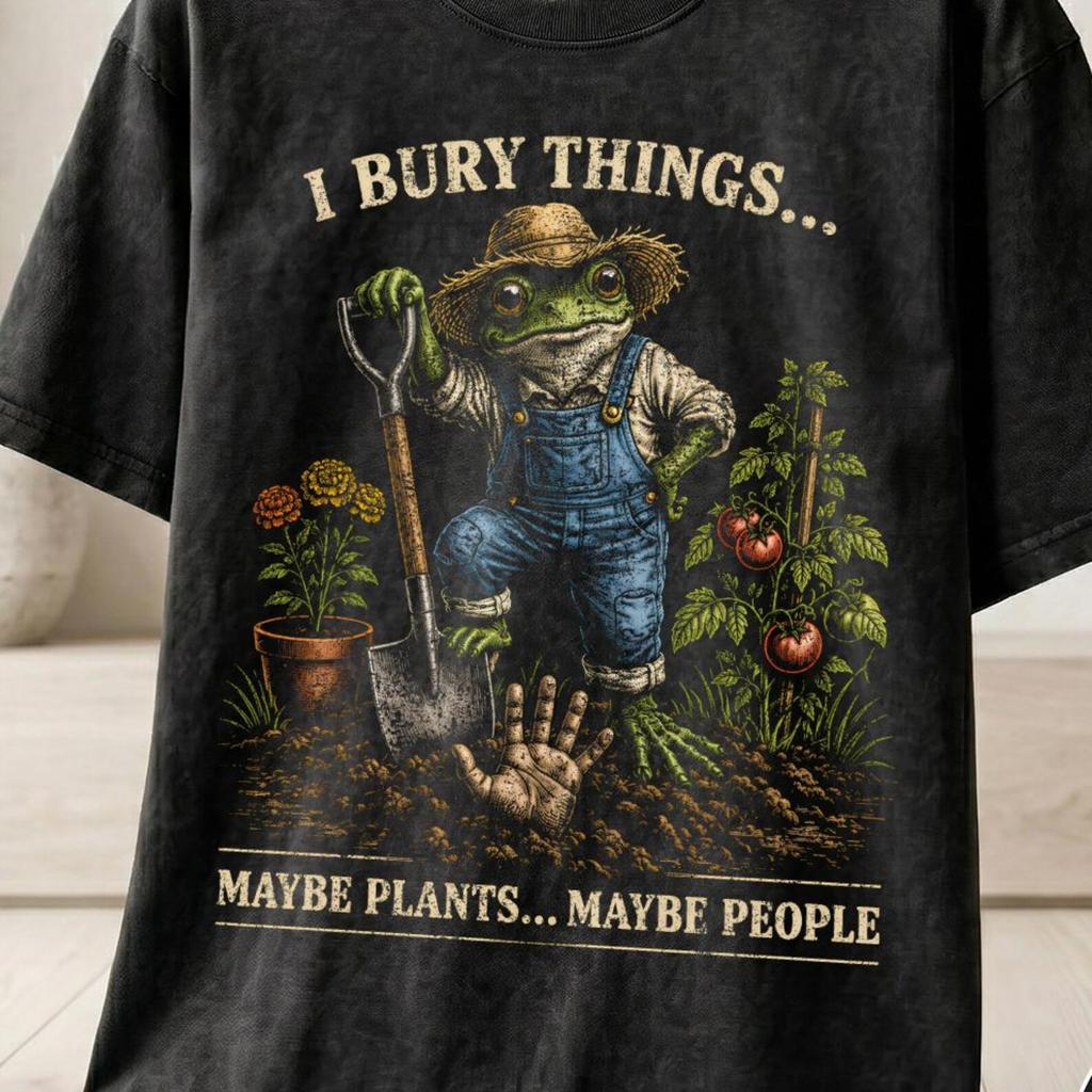 Funny Frog Gardener T-Shirt and kids tshirt, 'I Bury Things' Dark Humor Personalizable Gift Tee, Cottagecore Spooky Garden Lover Shirt and kids tshirt