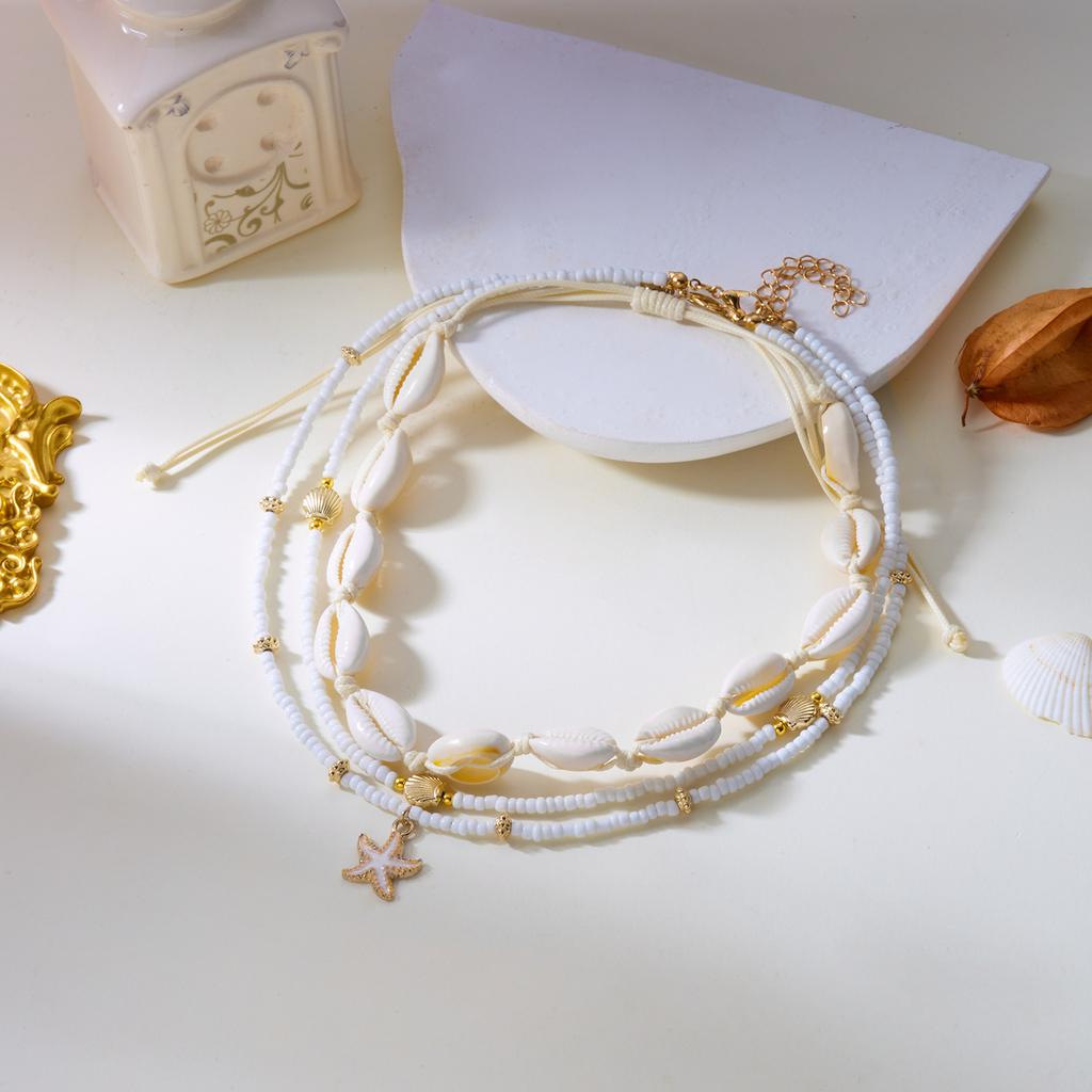 Богемное Многослойное Ожерелье Звезда и Ракушка для Женщин Модное Жемчужное Зерновое Бусины Цепочка Чокер Летние Пляжные Украшения