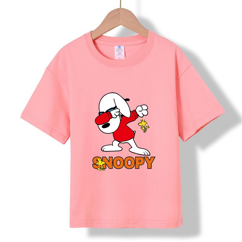 MC-89 MINISO 2026 Summer Kids 100% Cotton Snoopy Dabbing T-Shirt Peanuts Cartoon Woodstock Short Sleeve Tee for Boys & Girls
