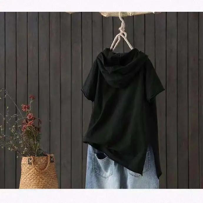 Хлопковая футболка с капюшоном, женская летняя стильная футболка с карманом и принтом, свободный белый повседневный топ с короткими рукавами и отверстиями Y2k