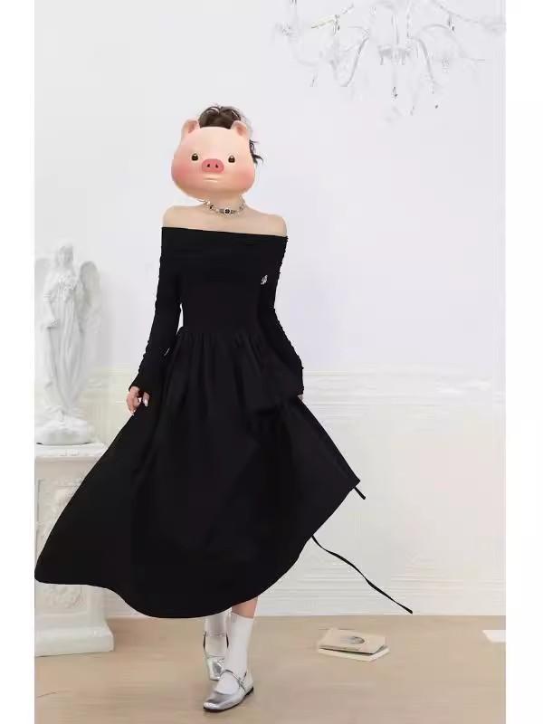 French one-word shoulder long-sleeved white dress with high-end texture, new early autumn temperament long dress