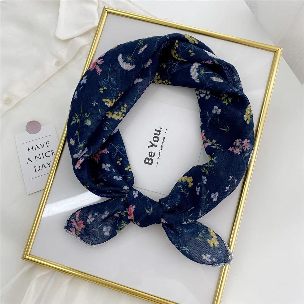 Floral Print Neckerchief Small Hijab Scarfs Women Fashion Handkerchief Neck Scarf Shawls Cotton Blends Korean Hair Scarves 58CM
