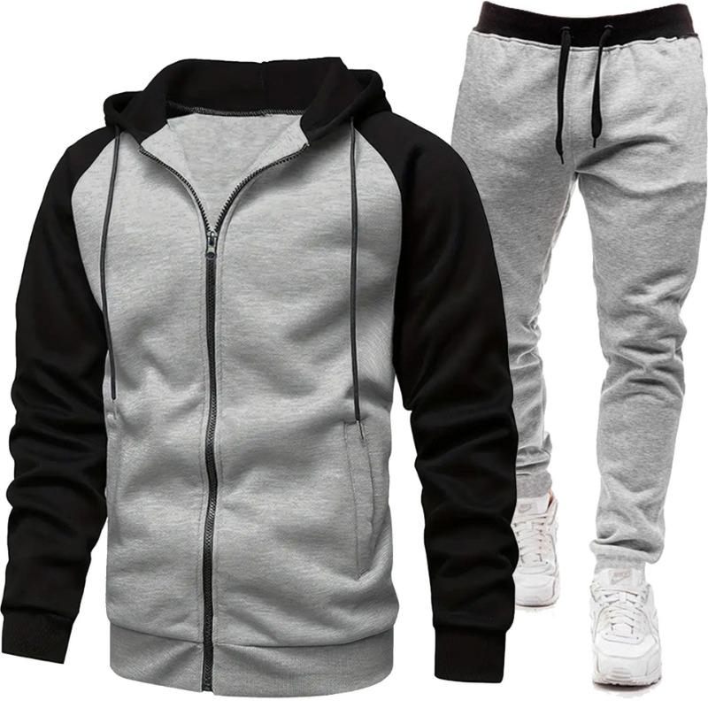 Men's Fashion Color Blocked Coat Long Sleeve Casual Sports Set Men's Top Pants