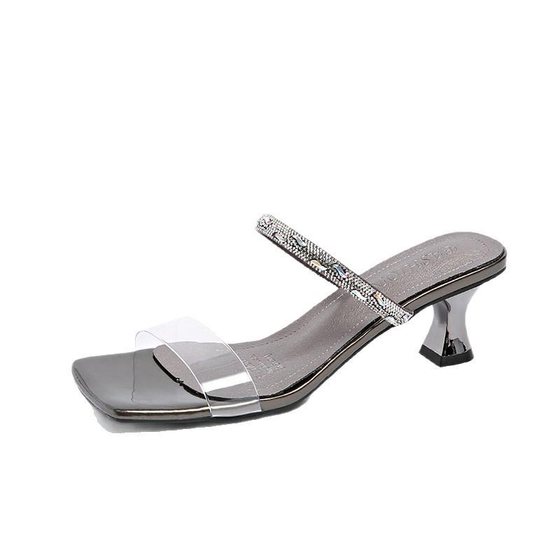 2025 летние новые стильные тапочки со стразами женская летняя одежда босоножки на высоком каблуке с мягкой подошвой прозрачный каблук со стразами одно слово перетаскивание