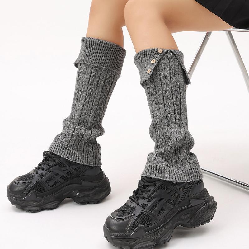 Autumn Winter Vintage Twist Design Button Cuffed Leg Warmers Anti-slip Versatile Slouchy Socks Knitted Leg Warmers for Women