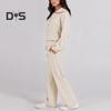 2 Pcs/Set Fall Winter Coat Trouser Suit Lapel Solid Color Thick Loose Solid Color Zipper Decor Long Sleeve Wide Leg Drawstring Elastic Waist Lady