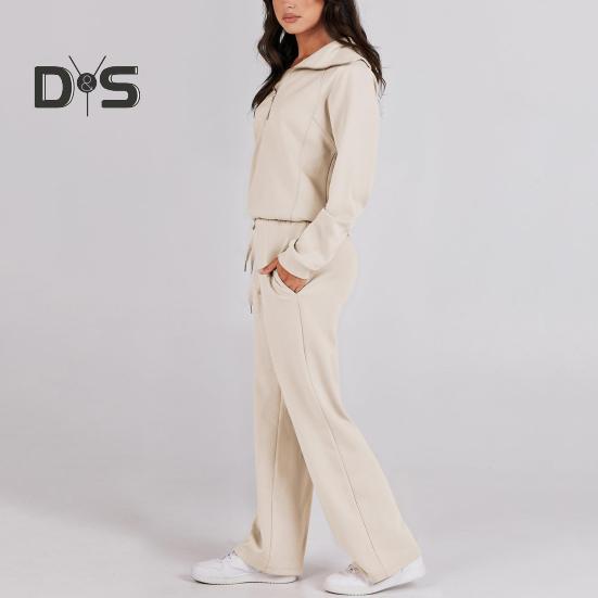 2 Pcs/Set Fall Winter Coat Trouser Suit Lapel Solid Color Thick Loose Solid Color Zipper Decor Long Sleeve Wide Leg Drawstring Elastic Waist Lady