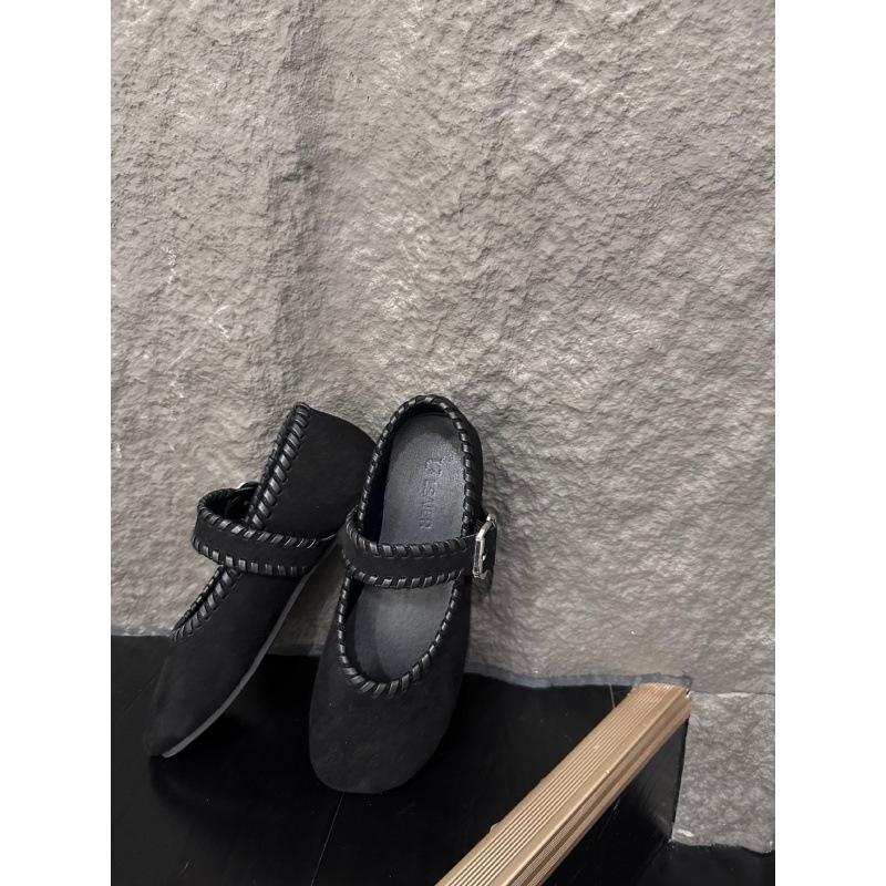 Retro woven suede square head word with shallow mouth gentle evening breeze flat bottom Mary Jane single shoes women