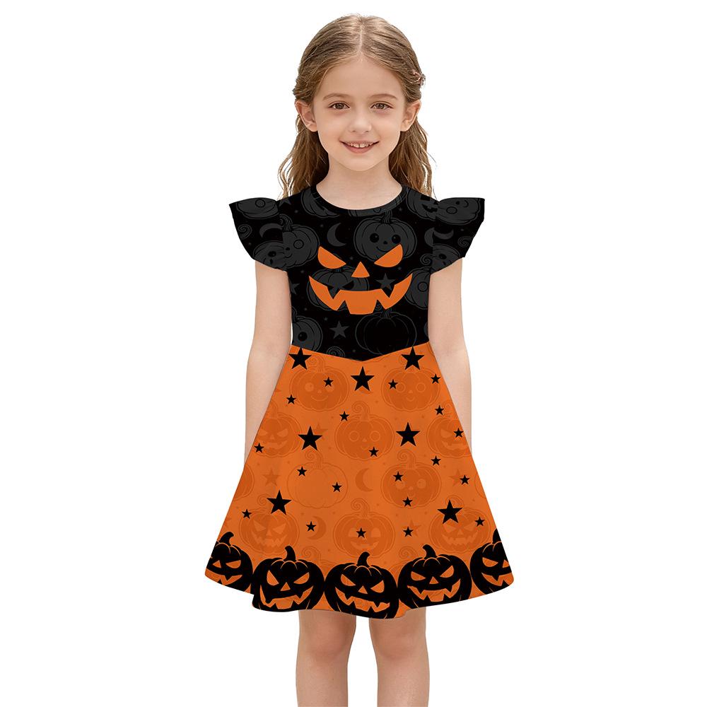 Halloween Girls' Pumpkin & Black Cat Print Princess Dress with Small Flutter Sleeves