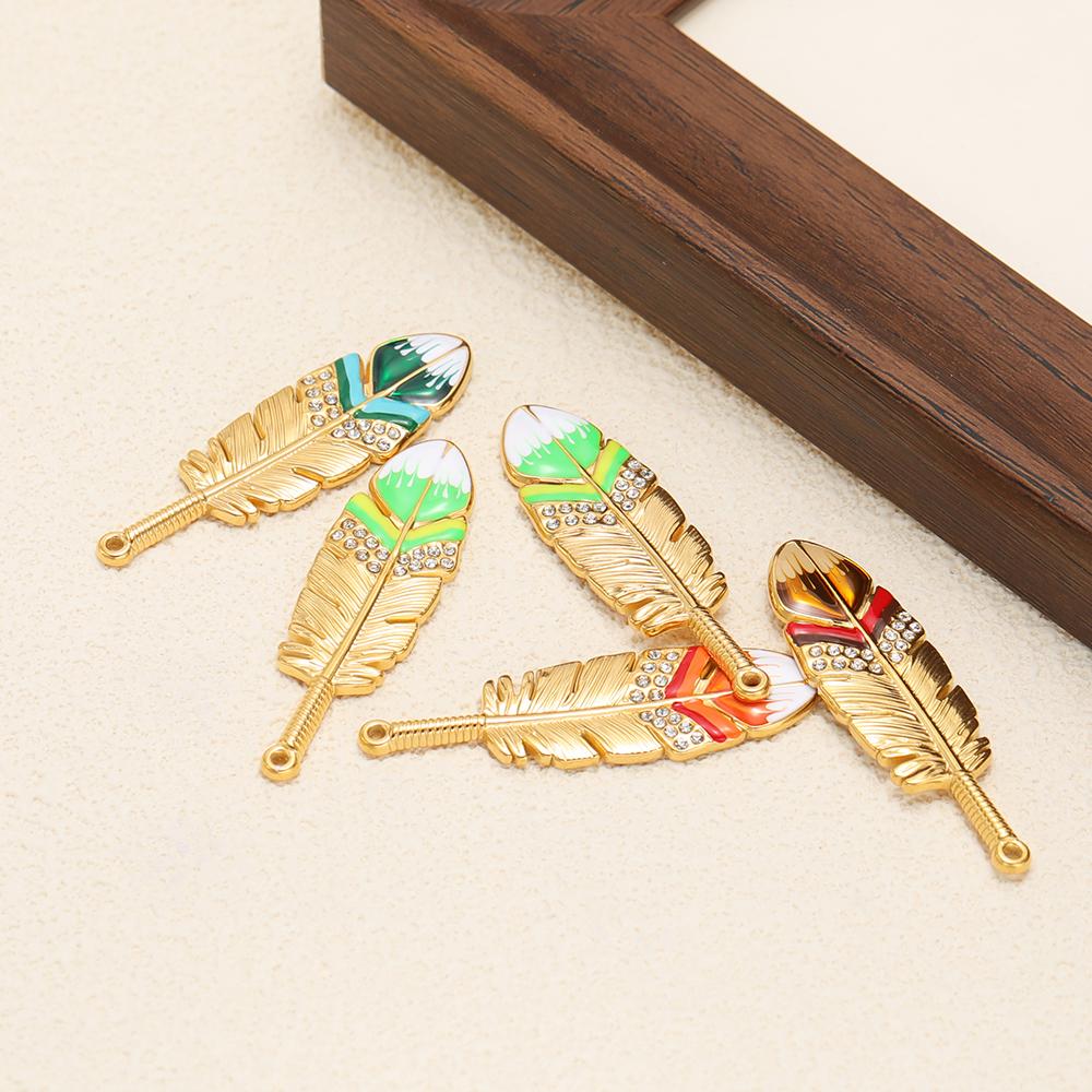 3Pcs Enamel Rhinestone Feather Charms Stainless Steel Pendants for Earrings Making DIYJewelry Findings Necklace Accessories Bulk