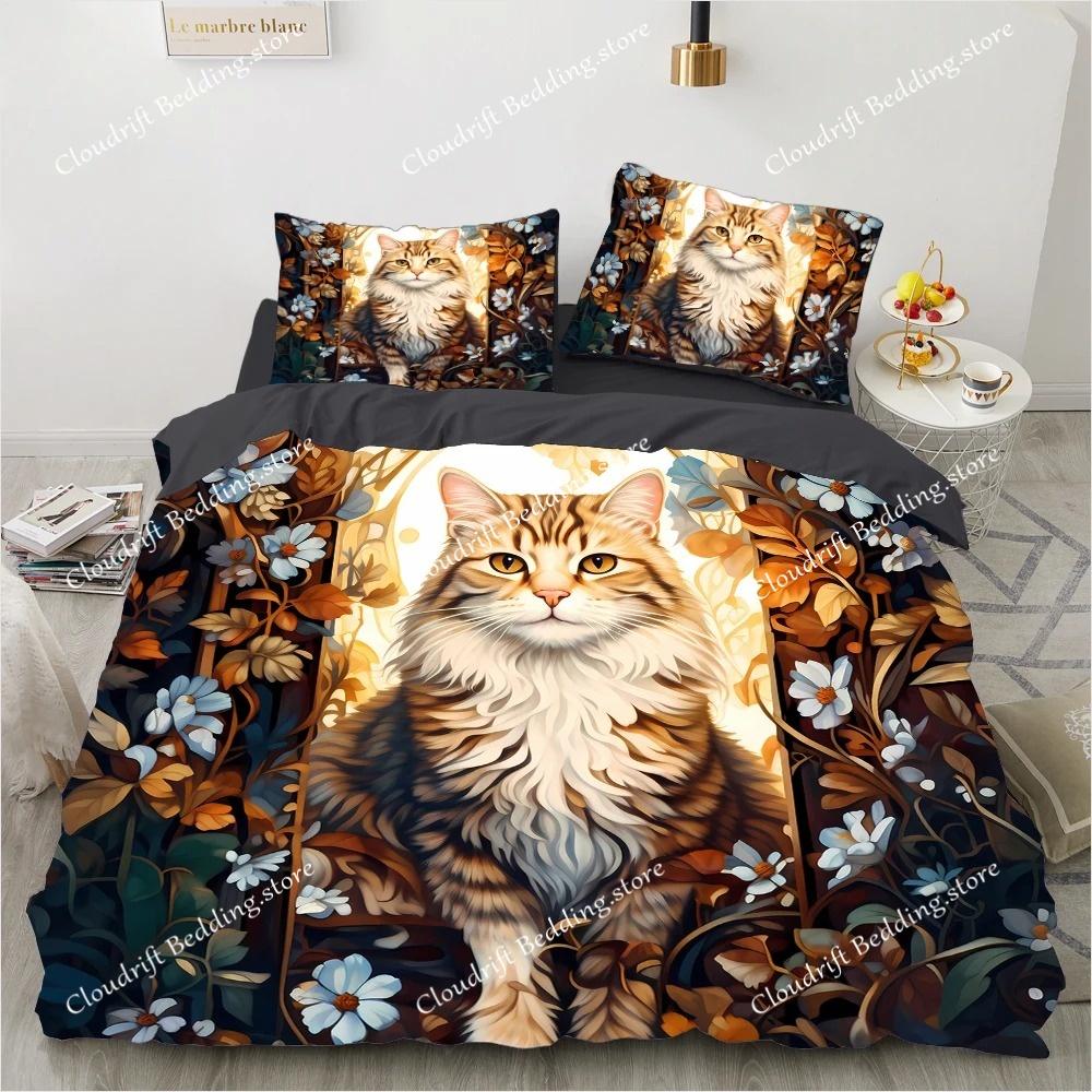 Комплект постельного белья для кошек King Size – Комплект пододеяльника с 3D-печатью Постельное белье 240x220 см Queen Роскошные спальни и подарки (Кошка, цветы, луна)