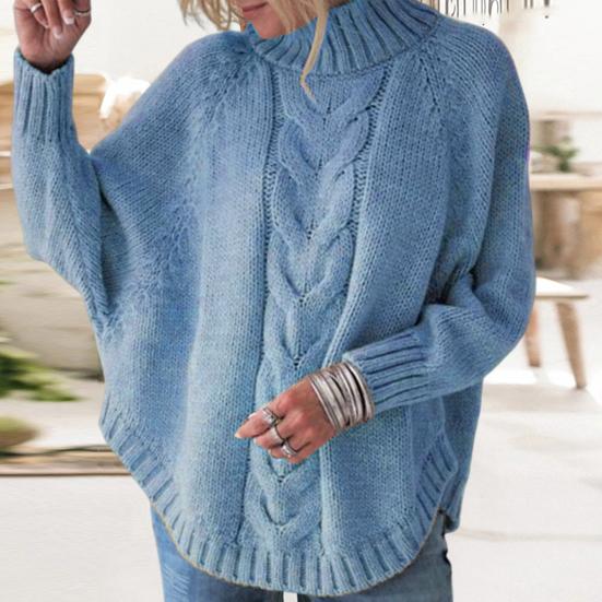 Yousheng Женский свитер Топы Полувысокий воротник Летучая мышь Длинный рукав Однотонный вязаный свитер Twist Texture Свободный крой Повседневный вязаный топ