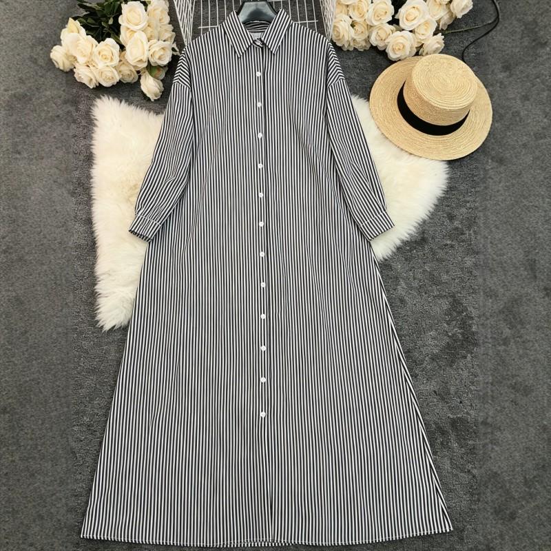 Striped Shirt Dress Loose Fit Long Sleeve Casual Women