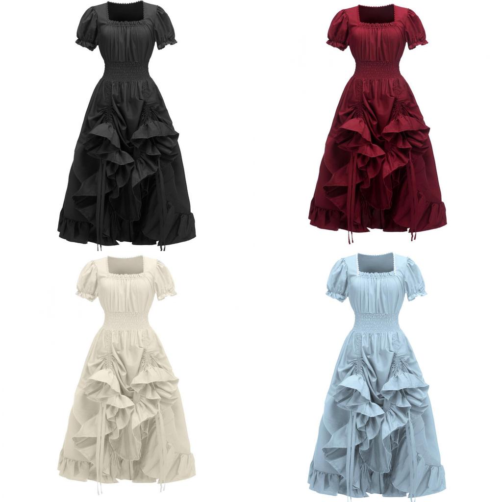 Vintage Renaissance Square Neck Short Sleeve Dress Medieval Pastoral Cosplay Dress