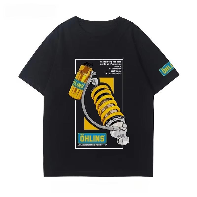 OHLINS Мотоциклетный амортизатор Модифицированная футболка Одежда Повседневная Модная Марка Мужская Женская Автоклуб Круглый вырез Короткий рукав Топ