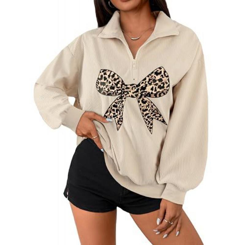 Womens Half Zip Hoodie 3D Leopard Print Long Sleeve Casual Top Fall Winter Slim Fit Loose Size S-XXXL