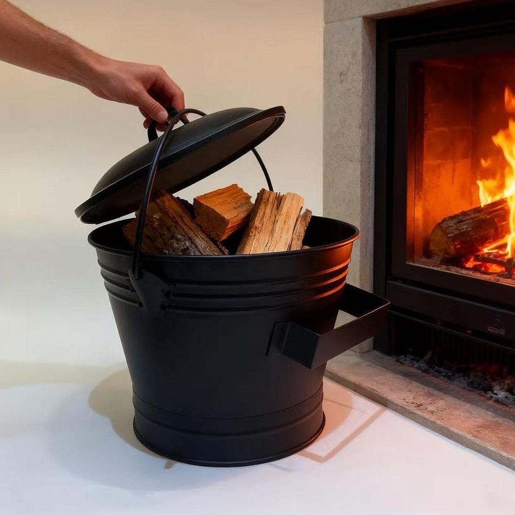 Ash Bucket Thickened Handle Metal with Lid Multifunctional Black Fireplace Sturdy for Outdoor