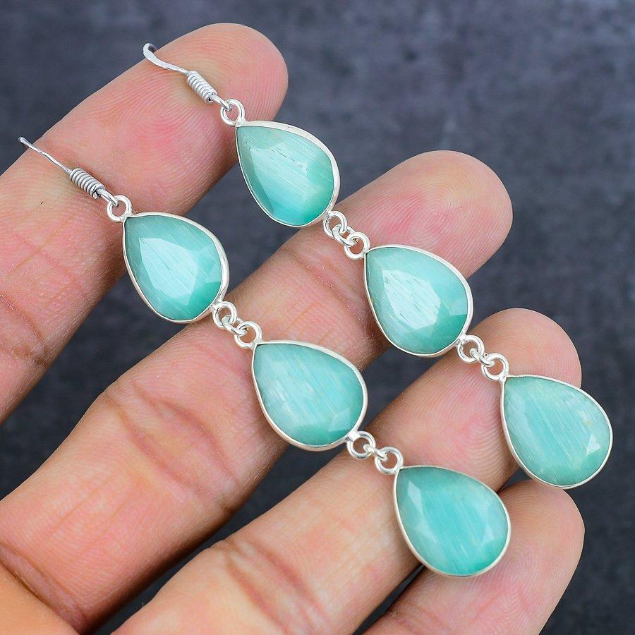Natural Blue Chalcedony Gemstone 925 Sterling Silver Jewelry Earring 3.23" L2P61