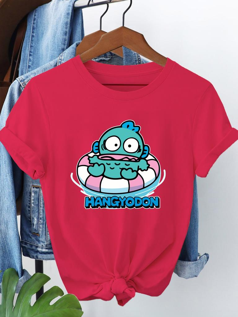 Women'S  HANGYODON Graphic T-Shirt Casual Crew Neck Short Sleeve Tee with Playful Green Character Design Playful Print Trendy