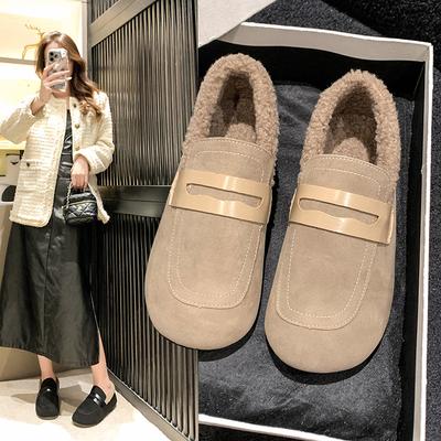 Мягкая подошва, мягкая кожа и бархат, теплые маленькие кожаные туфли для женской коллекции осень-зима 2025 года, новые, на плоской подошве, с круглым носком, для беременных женщин с одним