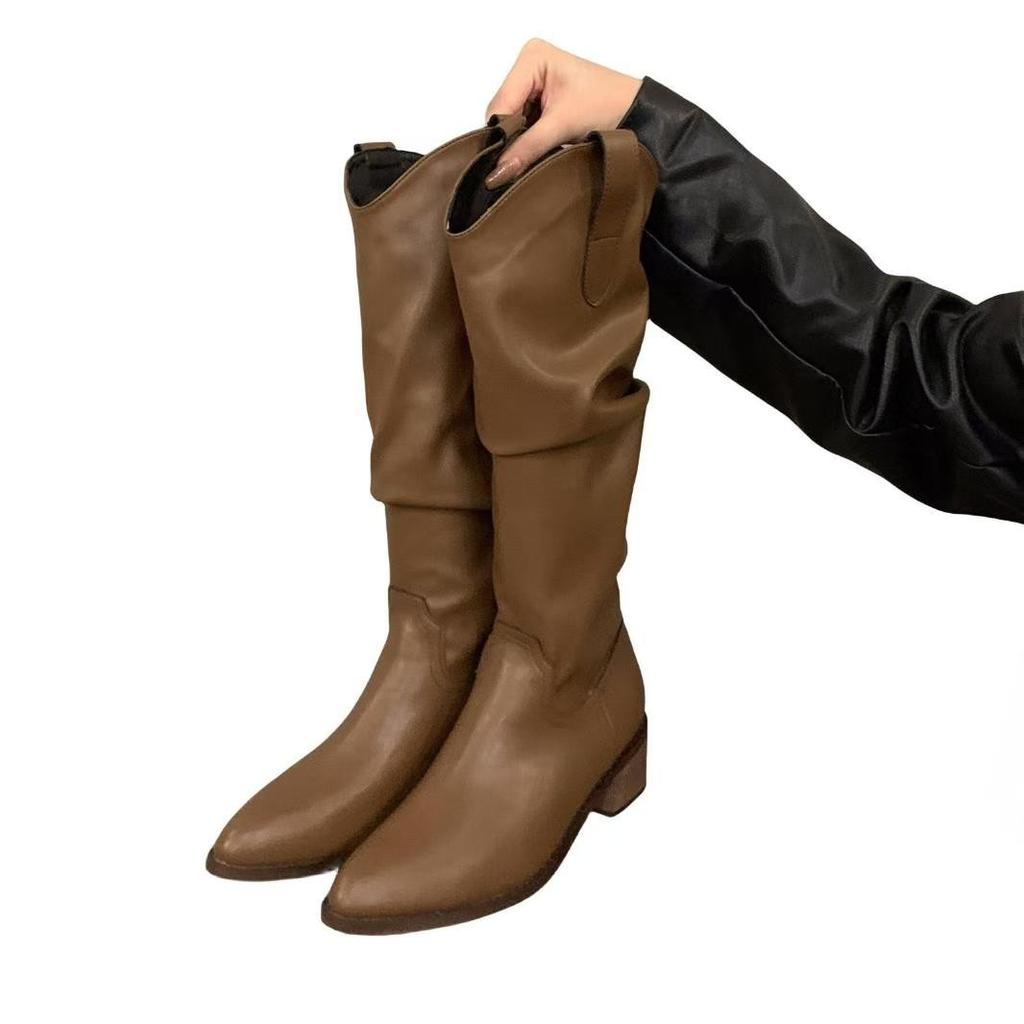 Thick Heel Vintage Brown V-Mouth Pile Medium Boots Women's Shoes 2024 Summer Pointed Western Cowboy Boots