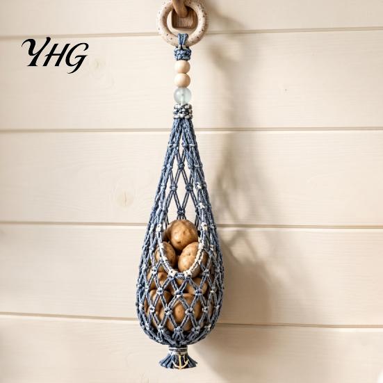 Kitchen Countertop Space Saver Handwoven Cotton Rope Storage Mesh Bag, Wall-Mounted Bohemian Style Organizer, Hand Woven Produce Basket Breathable