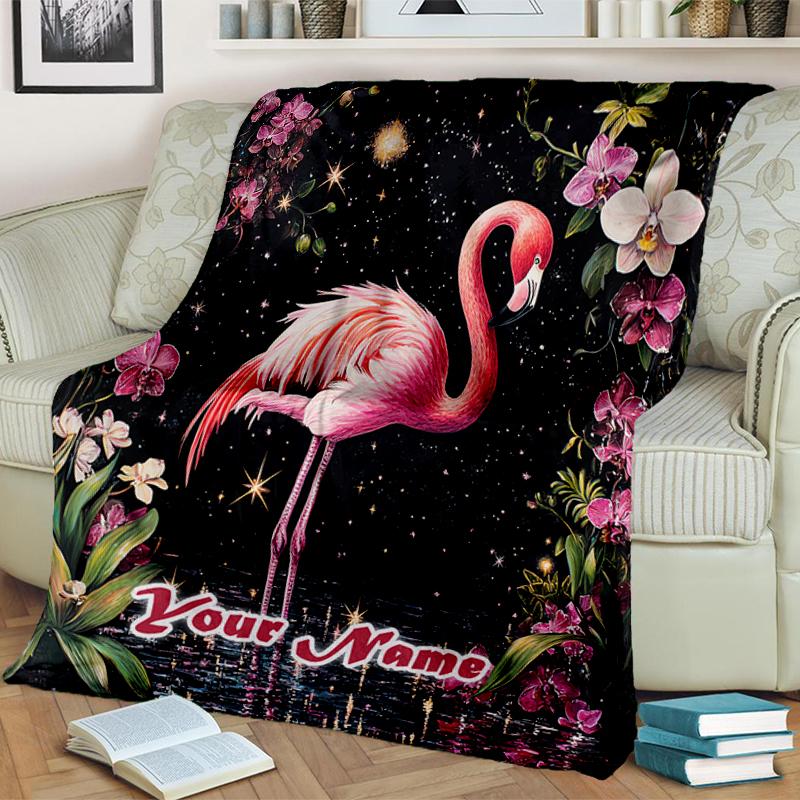 1PC Custom Name Flamingo Magic Night flannel blanket versatile, all-season throw suitable for the living room, bedroom, camping, travel, and gift