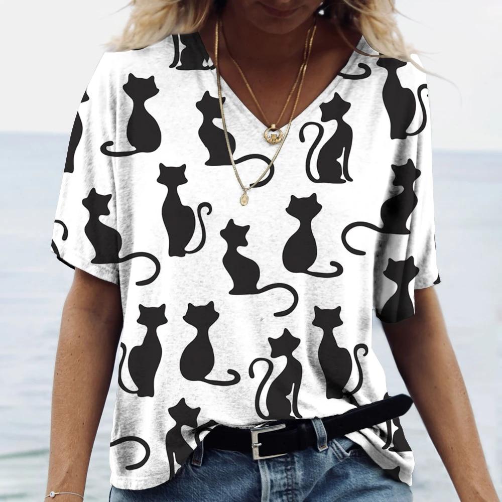 Женская футболка с рисунком котенка, одежда в стиле Харадзюку, летний пуловер с v-образным вырезом для девочек, хлопковые футболки с короткими рукавами, женская повседневная уличная одежда