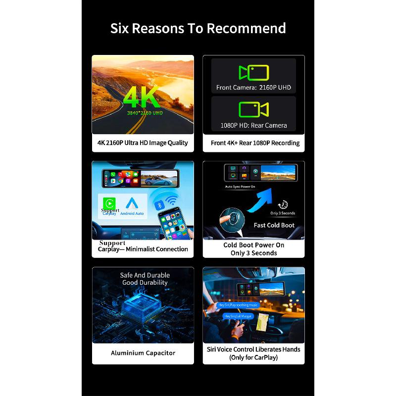12" Wifi Видеорегистратор Зеркало заднего вида Видеорегистратор Двойной объектив Поддержка Carplay