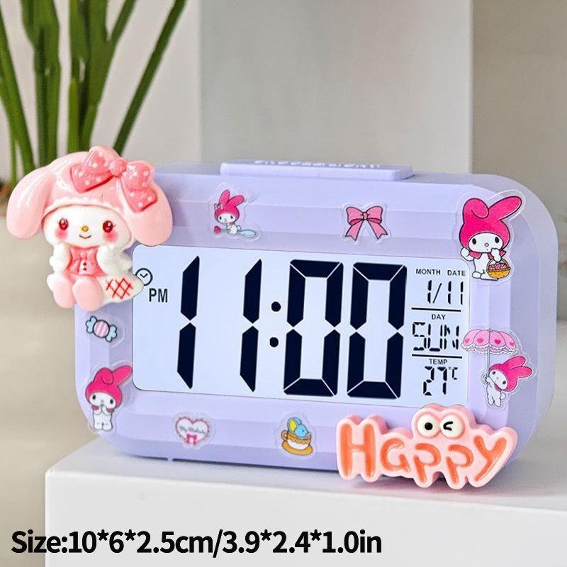 Светодиодные цифровые часы Hello Kitty Melody, Будильник Kuromi с ночником, Настольные часы, Украшения для рабочего стола, спальни, прикроватной тумбочки, Подарок для детей