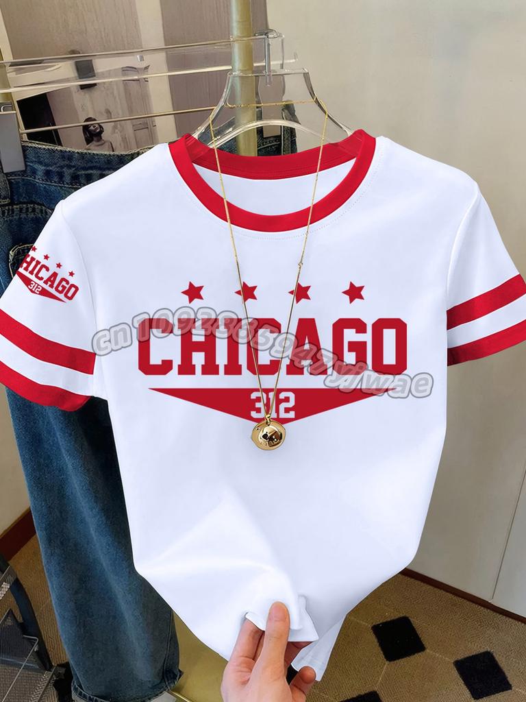 2026 Женская футболка с коротким рукавом Color-Block с принтом CHICAGO NO.32 в стиле Y2k, футболка для девушки с круглым вырезом, для активного отдыха, спортивная, женская футболка для взрослых