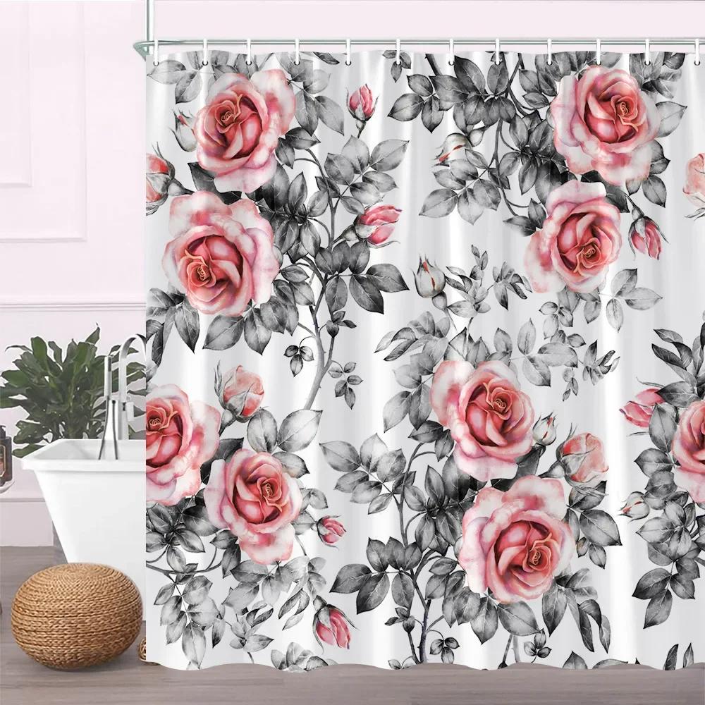 Modern Black Shower Curtain Set with Hooks-Black and White Shower Curtain for Bathroom Fabric Geometric Bath Curtains with Hoo